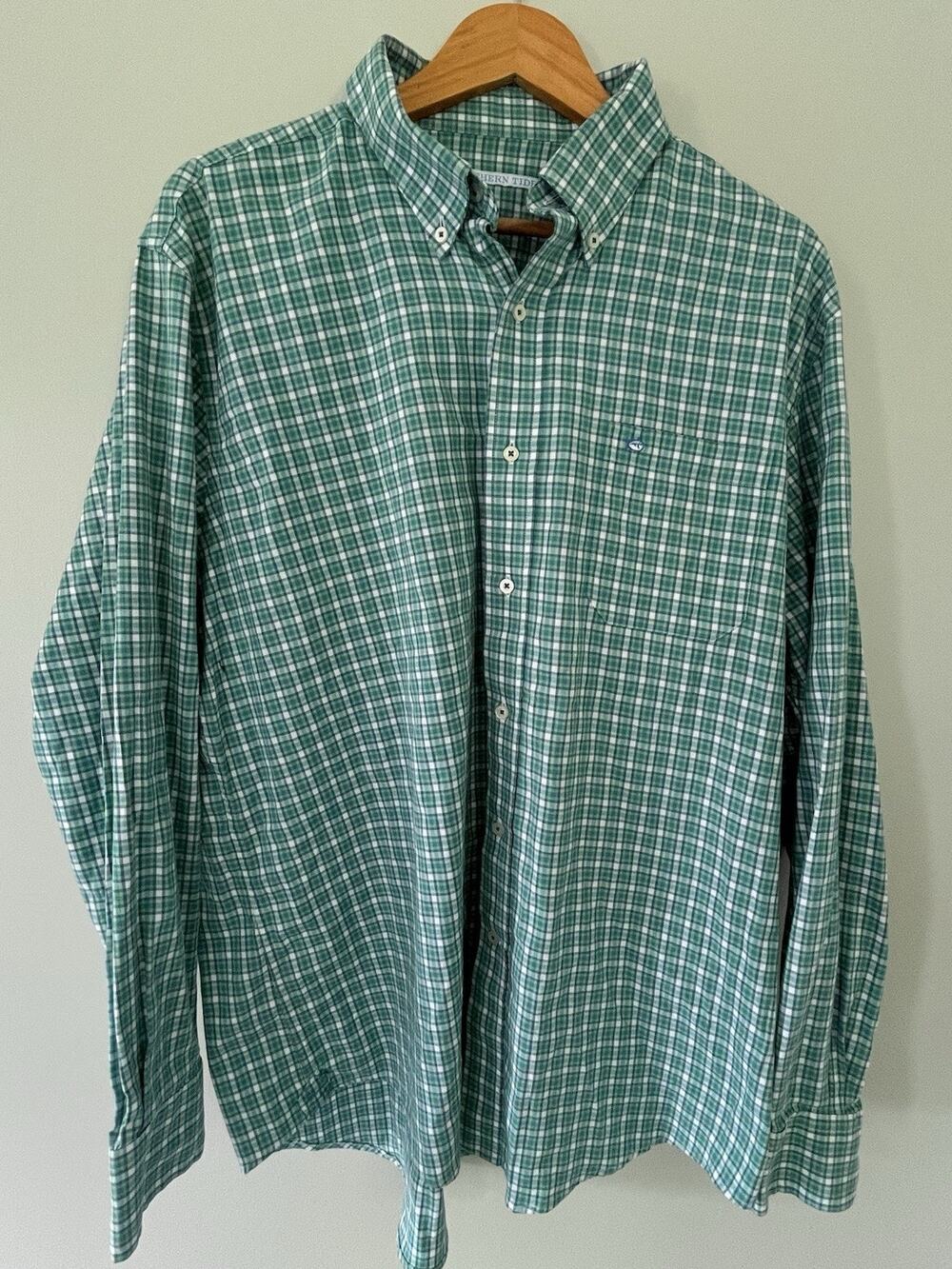 Southern Tide Shirt Mens XL Green Blue Plaid Skipjack Logo Stretch Cotton